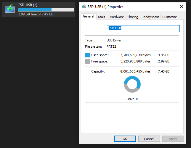 Windows 10 22H2 Tamaño de unidad USB ESD